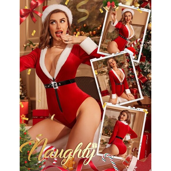 Women's Christmas Lingerie Sexy Red Santa Teddy Bodysuit One Piece with Belt - Picture 4 of 4
